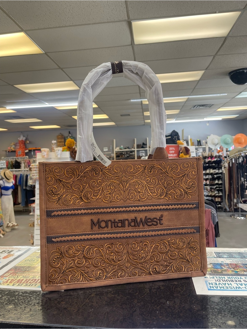 Montana West Tan Tooled Floral Leather Shopper